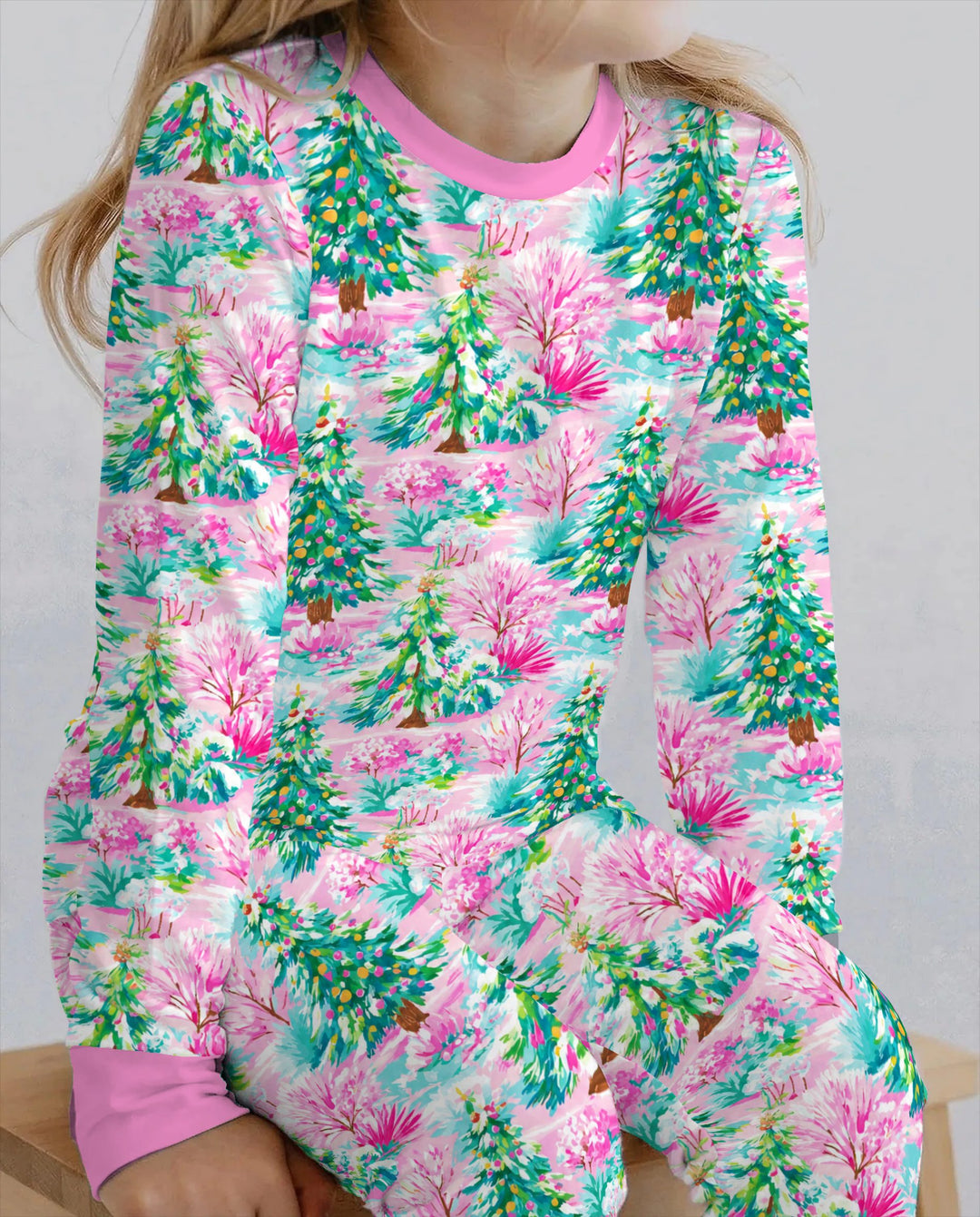 Whimsical Pink Winter Forest Bamboo Two Piece Long Sleeve Pajama Set