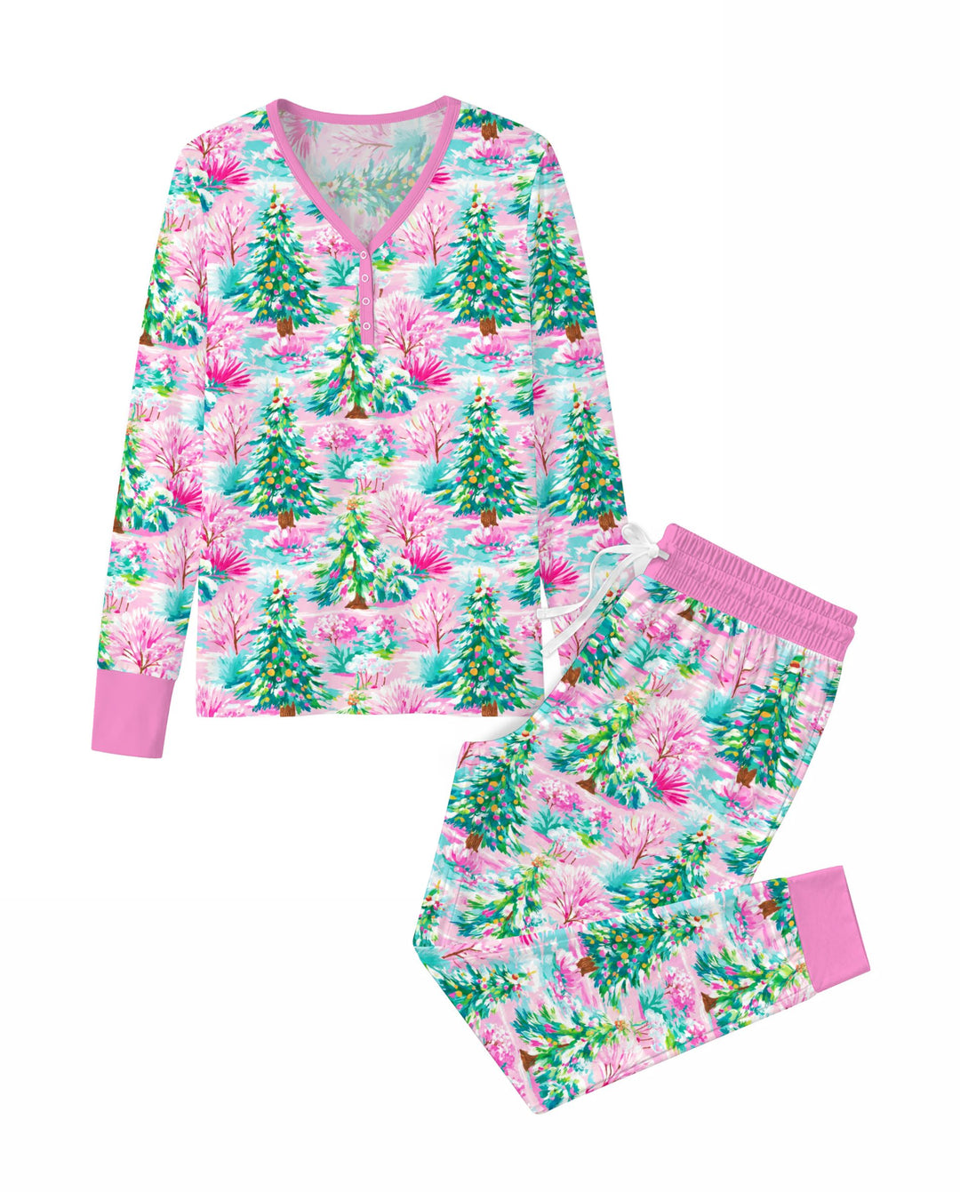 Whimsical Pink Winter Forest Bamboo Women Pajama Set