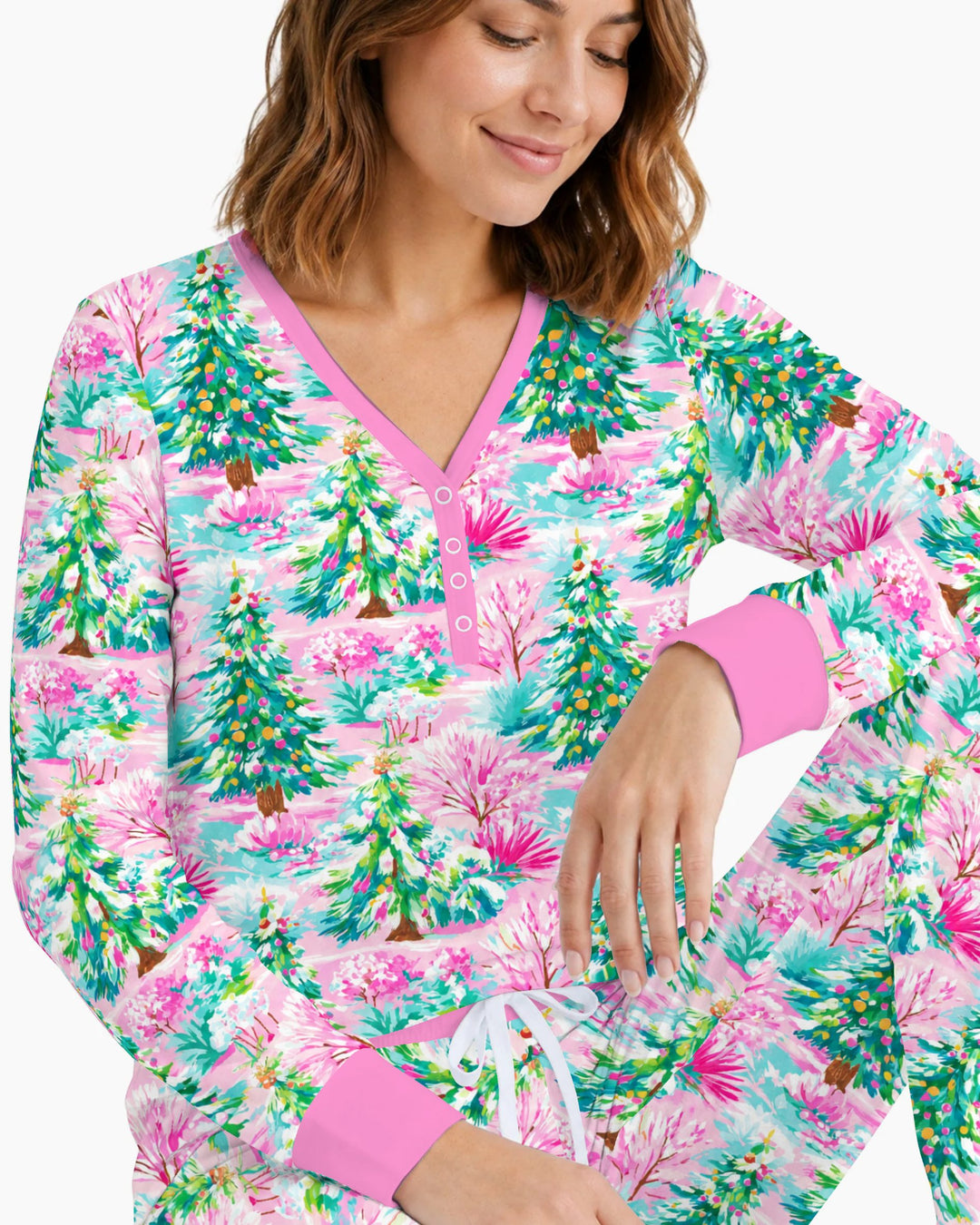 Whimsical Pink Winter Forest Bamboo Women Pajama Set