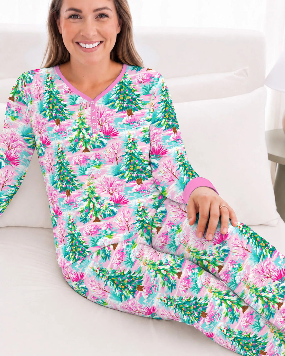 Whimsical Pink Winter Forest Bamboo Women Pajama Set