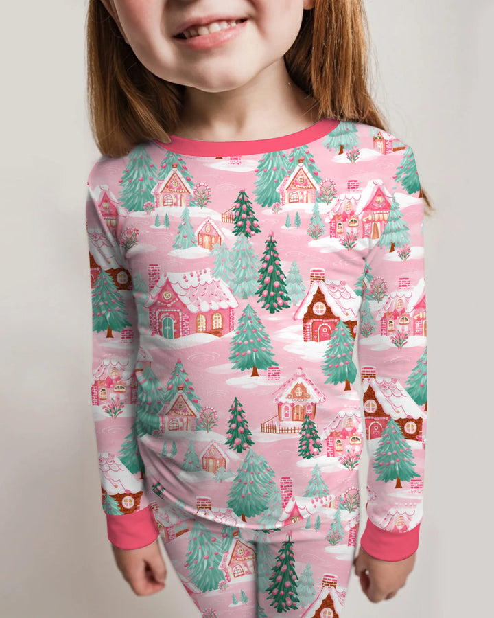Pink Gingerbread Christmas Village Bamboo Two Piece Long Sleeve Pajama Set
