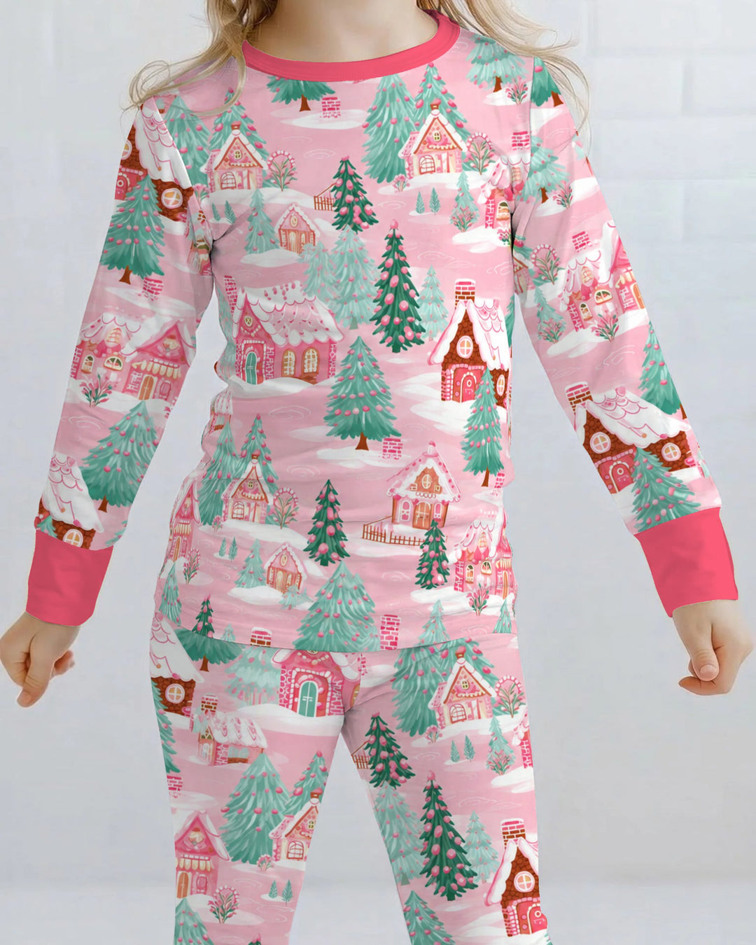 Pink Gingerbread Christmas Village Bamboo Two Piece Long Sleeve Pajama Set