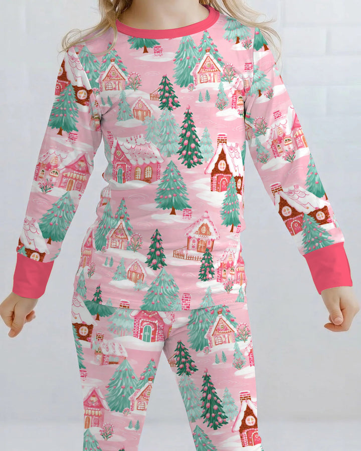 Pink Gingerbread Christmas Village Bamboo Two Piece Long Sleeve Pajama Set