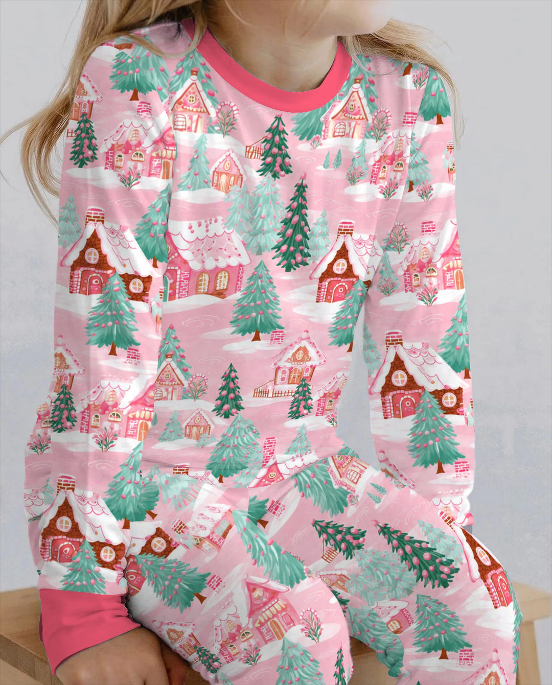 Pink Gingerbread Christmas Village Bamboo Two Piece Long Sleeve Pajama Set
