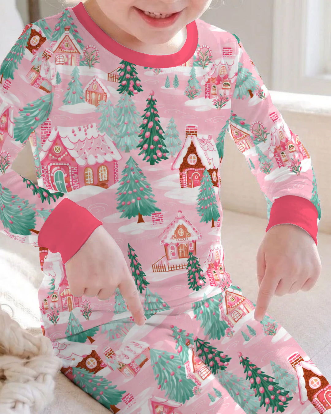 Pink Gingerbread Christmas Village Bamboo Two Piece Long Sleeve Pajama Set