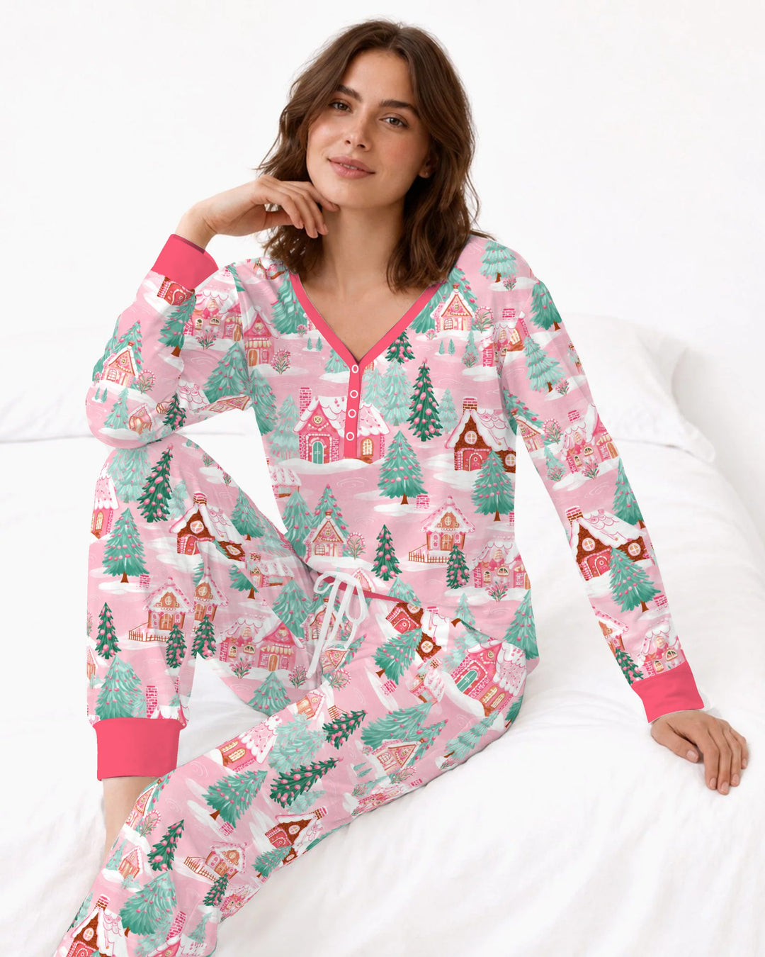 Pink Gingerbread Christmas Village Bamboo Women Pajama Set