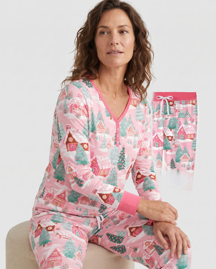 Pink Gingerbread Christmas Village Bamboo Women Pajama Set