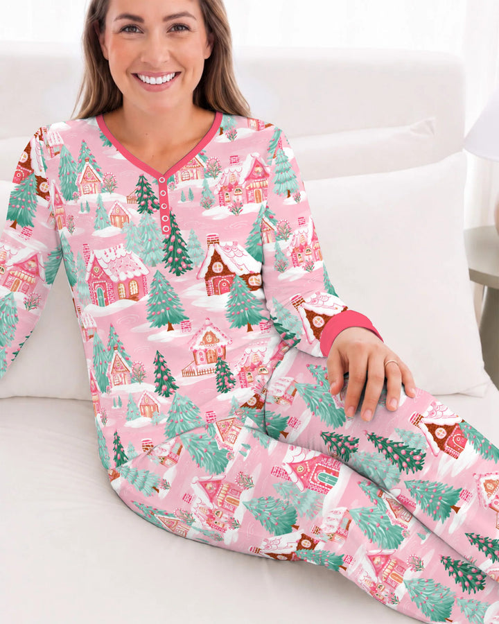 Pink Gingerbread Christmas Village Bamboo Women Pajama Set