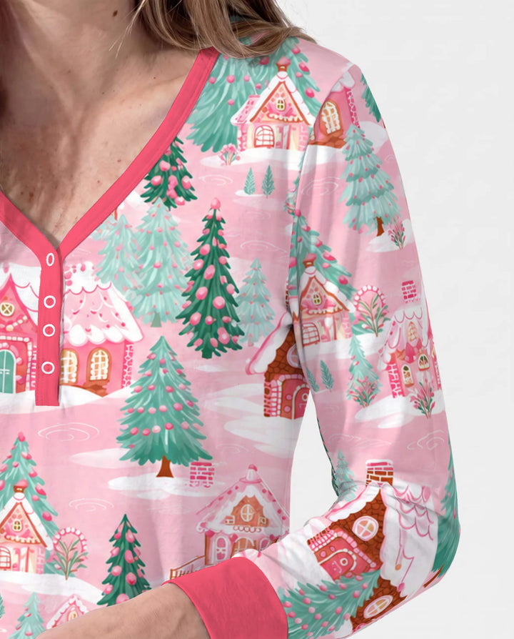 Pink Gingerbread Christmas Village Bamboo Women Pajama Set