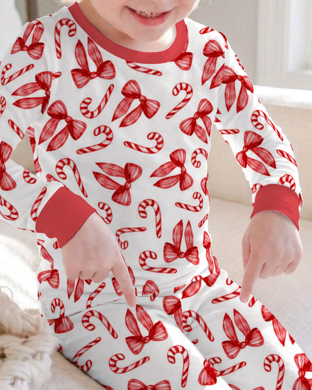 Red Christmas Bows Candy Canes Bamboo Two Piece Long Sleeve Pajama Set