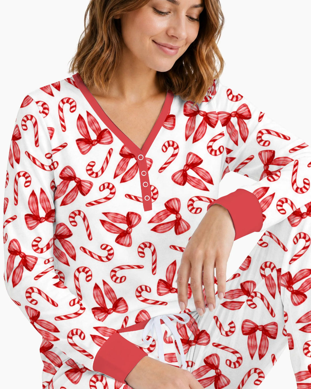 Red Christmas Bows Candy Canes Bamboo Women Pajama Set