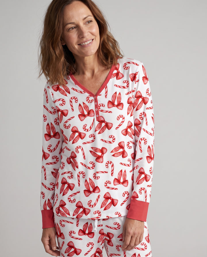 Red Christmas Bows Candy Canes Bamboo Women Pajama Set