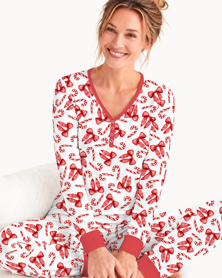 Red Christmas Bows Candy Canes Bamboo Women Pajama Set