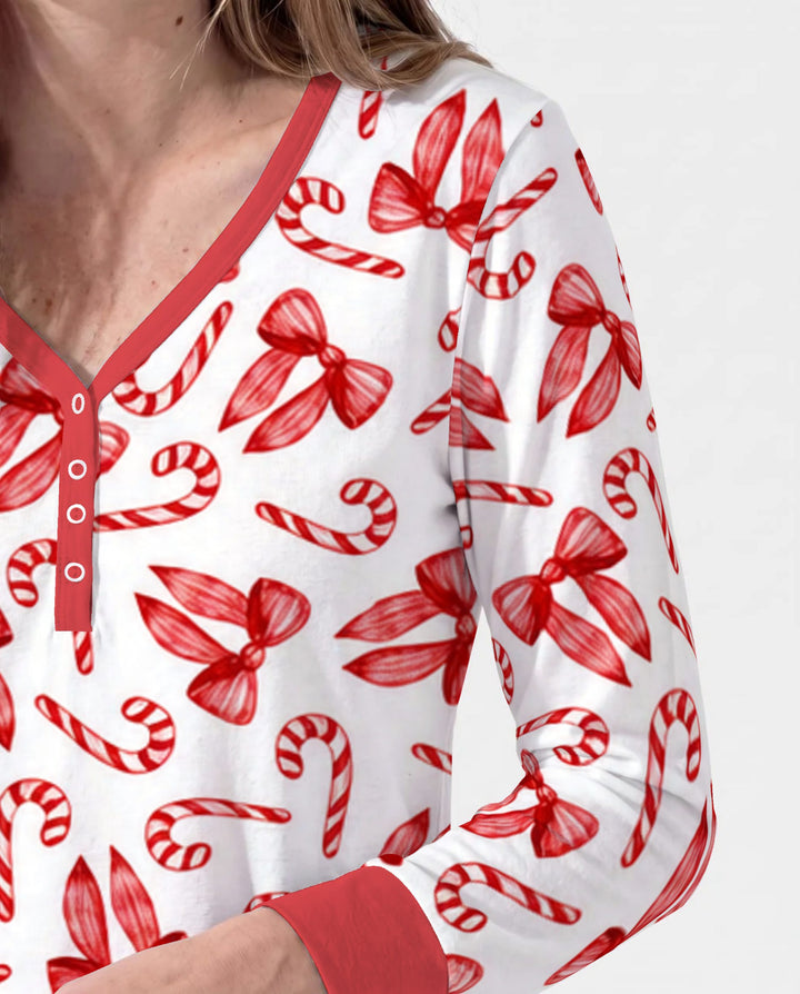Red Christmas Bows Candy Canes Bamboo Women Pajama Set