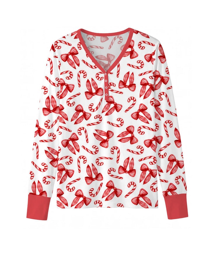 Red Christmas Bows Candy Canes Bamboo Women Pajama Set