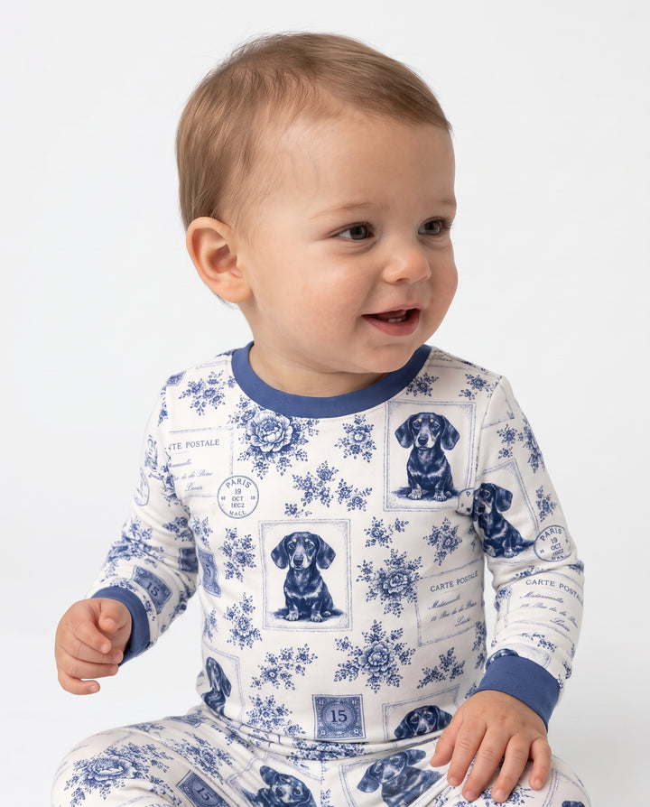 Vintage Blue Dachshund Postcards Bamboo Two Piece Long Sleeve Pajama Set