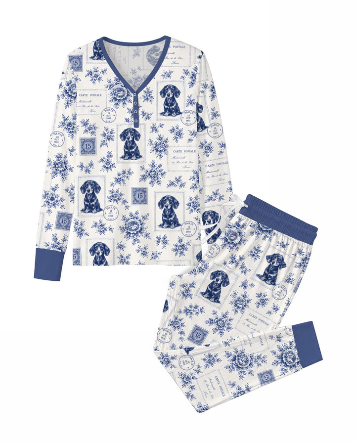 Vintage Blue Dachshund Postcards Bamboo Women Pajama Set