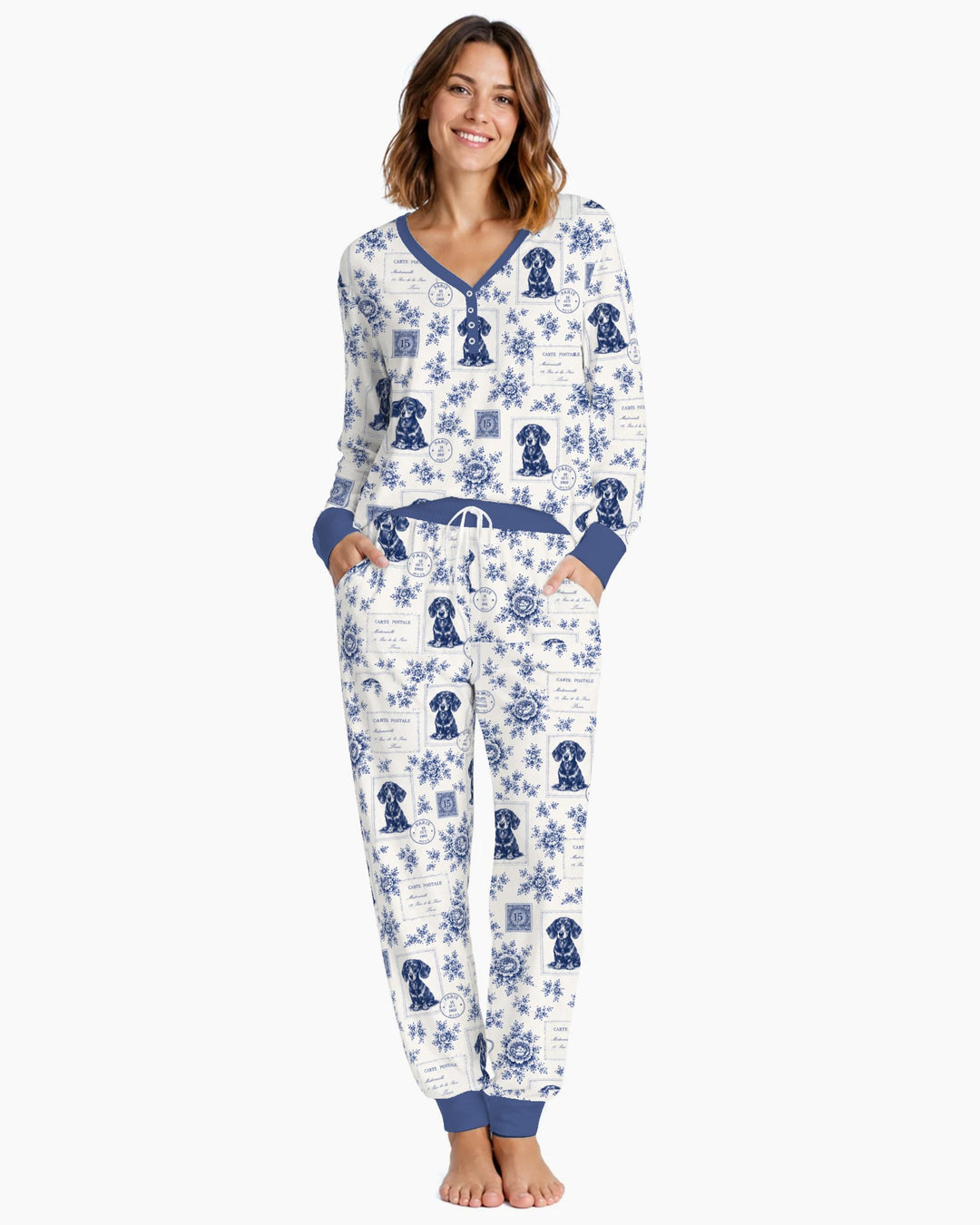 Vintage Blue Dachshund Postcards Bamboo Women Pajama Set