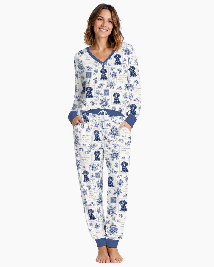 Vintage Blue Dachshund Postcards Bamboo Women Pajama Set