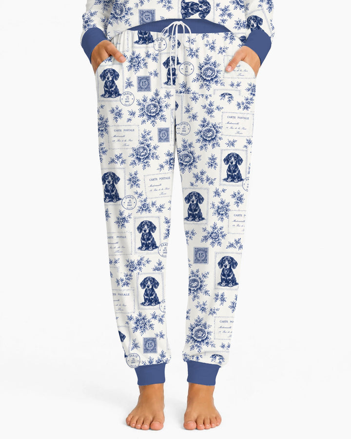 Vintage Blue Dachshund Postcards Bamboo Women Pajama Set