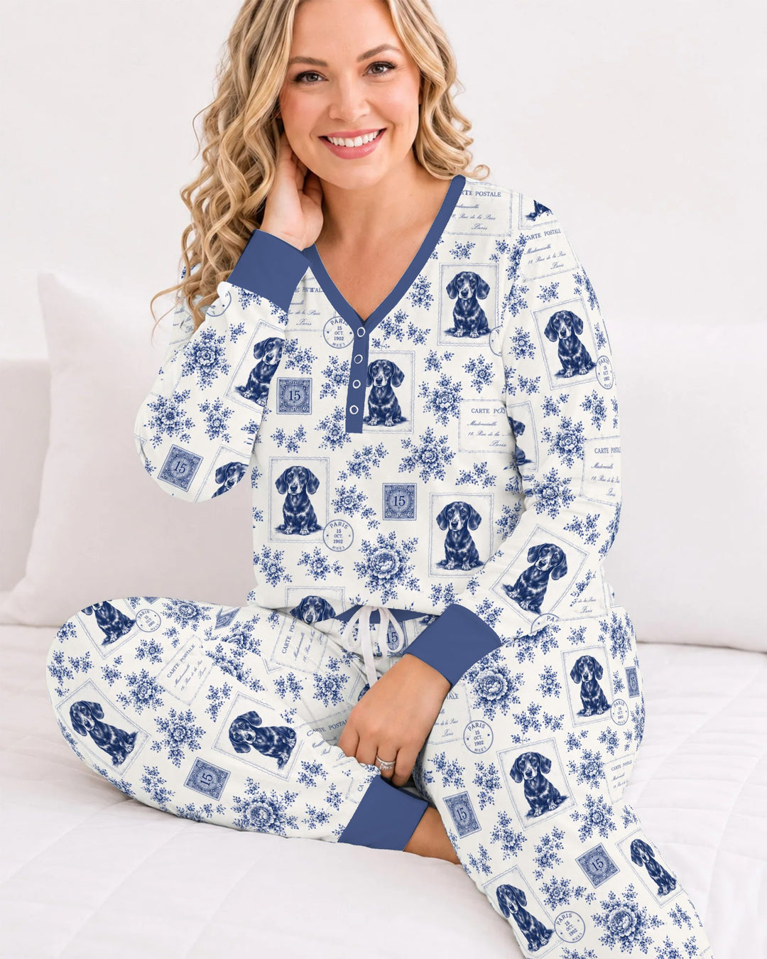 Vintage Blue Dachshund Postcards Bamboo Women Pajama Set