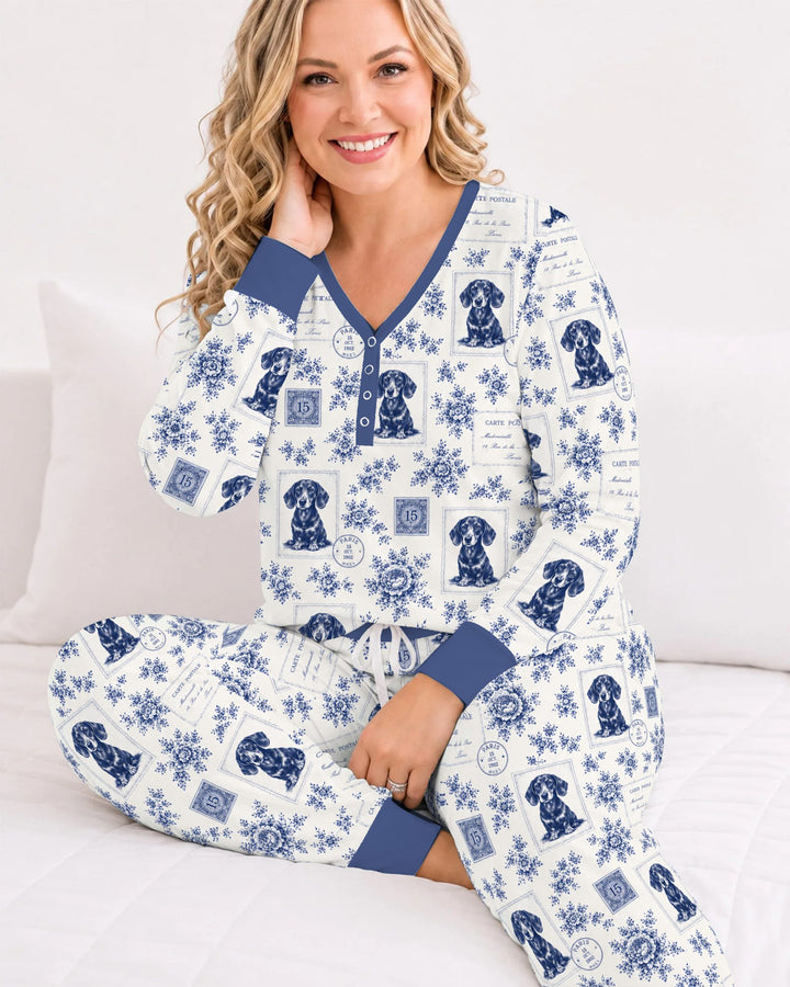 Vintage Blue Dachshund Postcards Bamboo Women Pajama Set