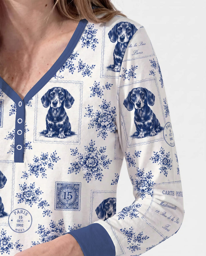 Vintage Blue Dachshund Postcards Bamboo Women Pajama Set