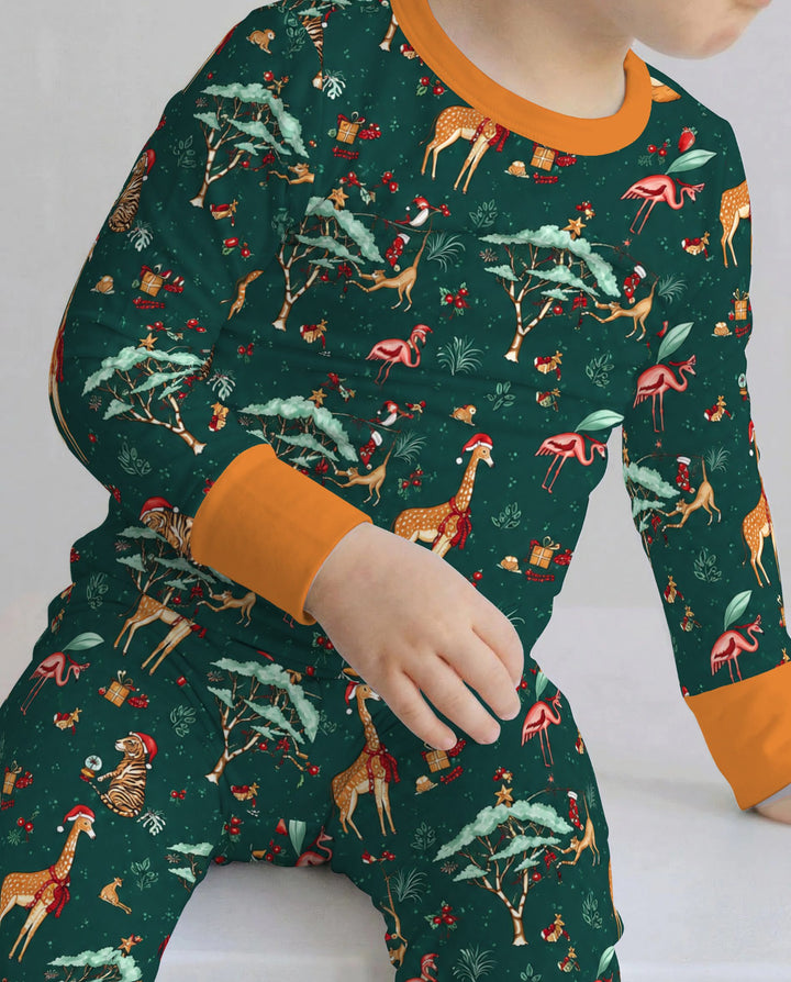 Whimsical Christmas Safari Animals Bamboo Two Piece Long Sleeve Pajama Set