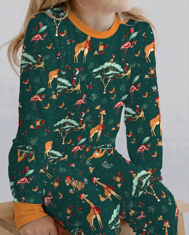 Whimsical Christmas Safari Animals Bamboo Two Piece Long Sleeve Pajama Set