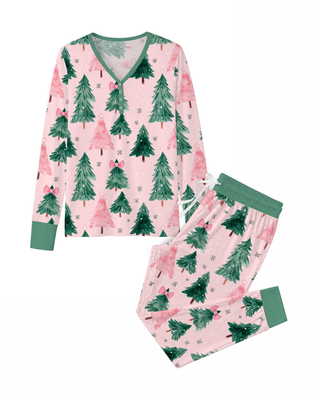 Watercolor Pink Bow Christmas Trees Bamboo Women Pajama Set