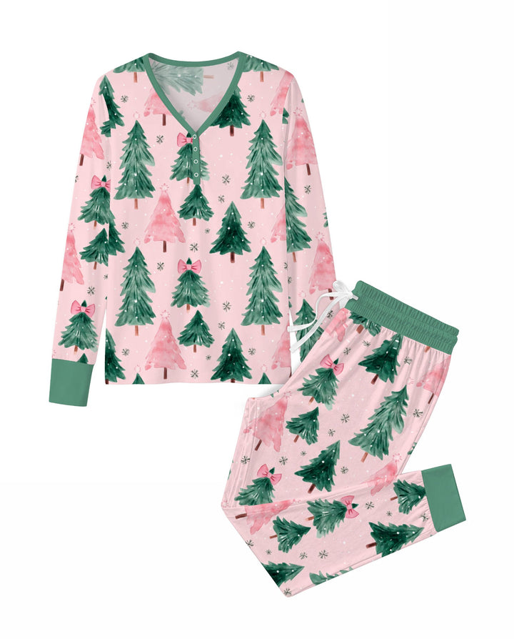 Watercolor Pink Bow Christmas Trees Bamboo Women Pajama Set