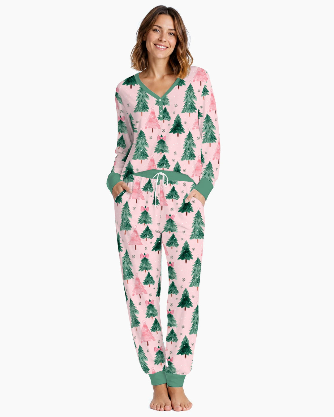 Watercolor Pink Bow Christmas Trees Bamboo Women Pajama Set