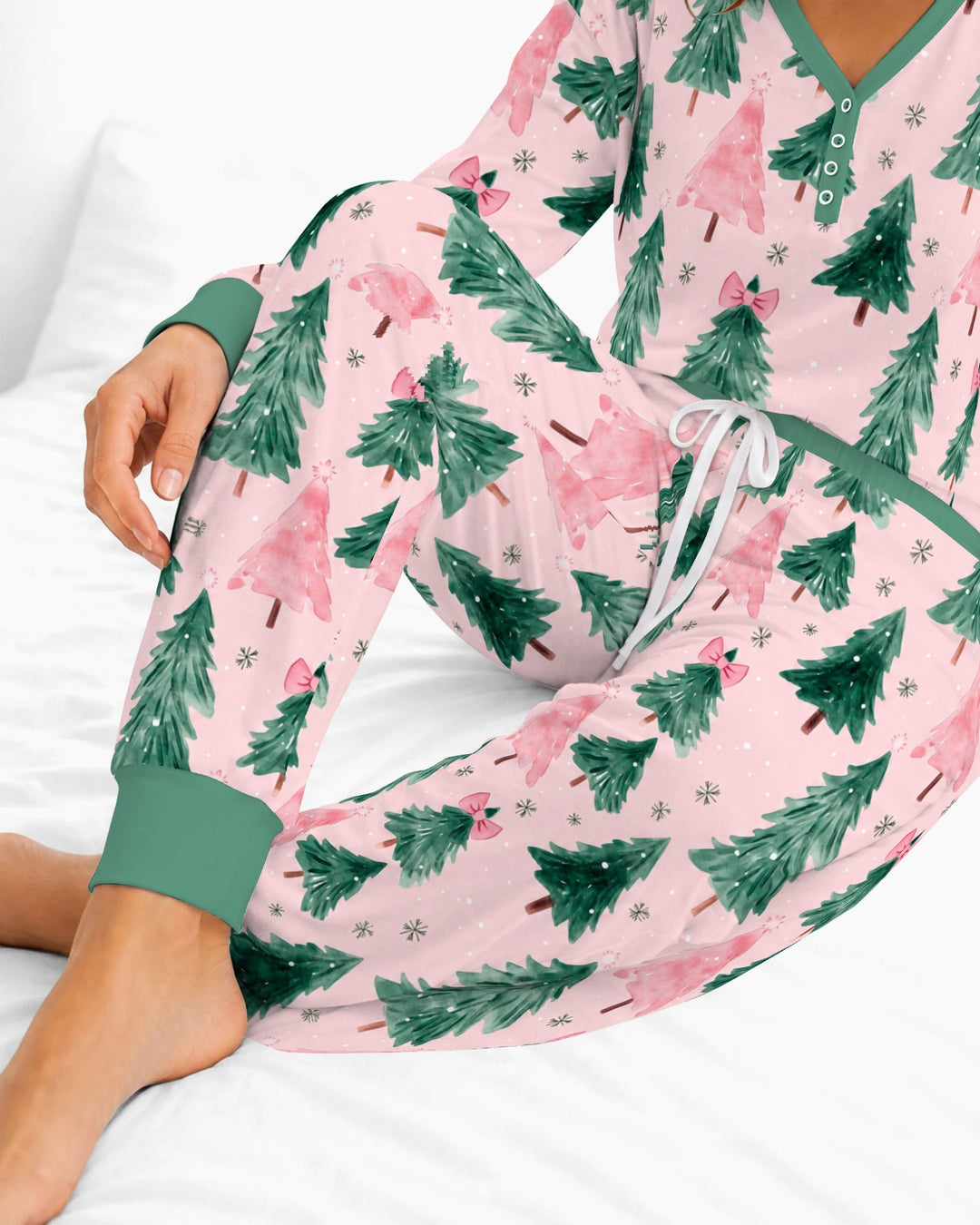 Watercolor Pink Bow Christmas Trees Bamboo Women Pajama Set