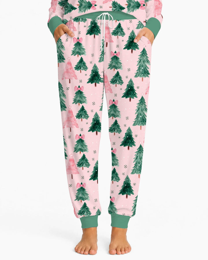Watercolor Pink Bow Christmas Trees Bamboo Women Pajama Set