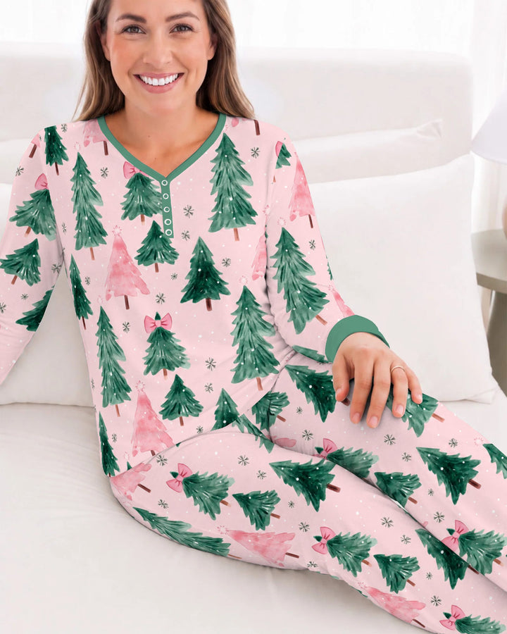Watercolor Pink Bow Christmas Trees Bamboo Women Pajama Set