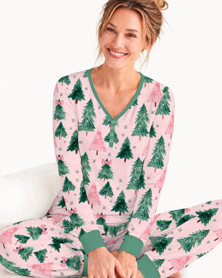 Watercolor Pink Bow Christmas Trees Bamboo Women Pajama Set
