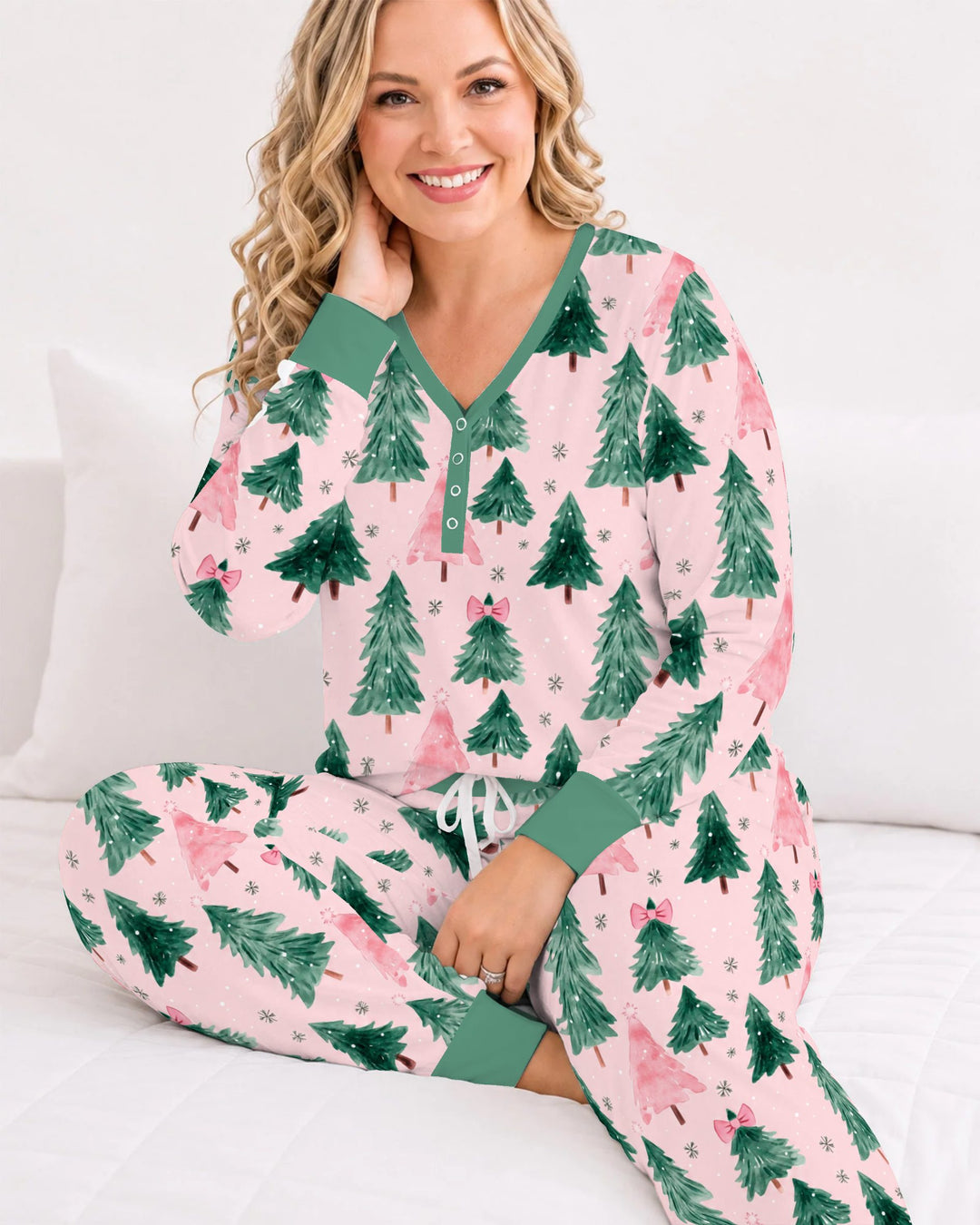 Watercolor Pink Bow Christmas Trees Bamboo Women Pajama Set