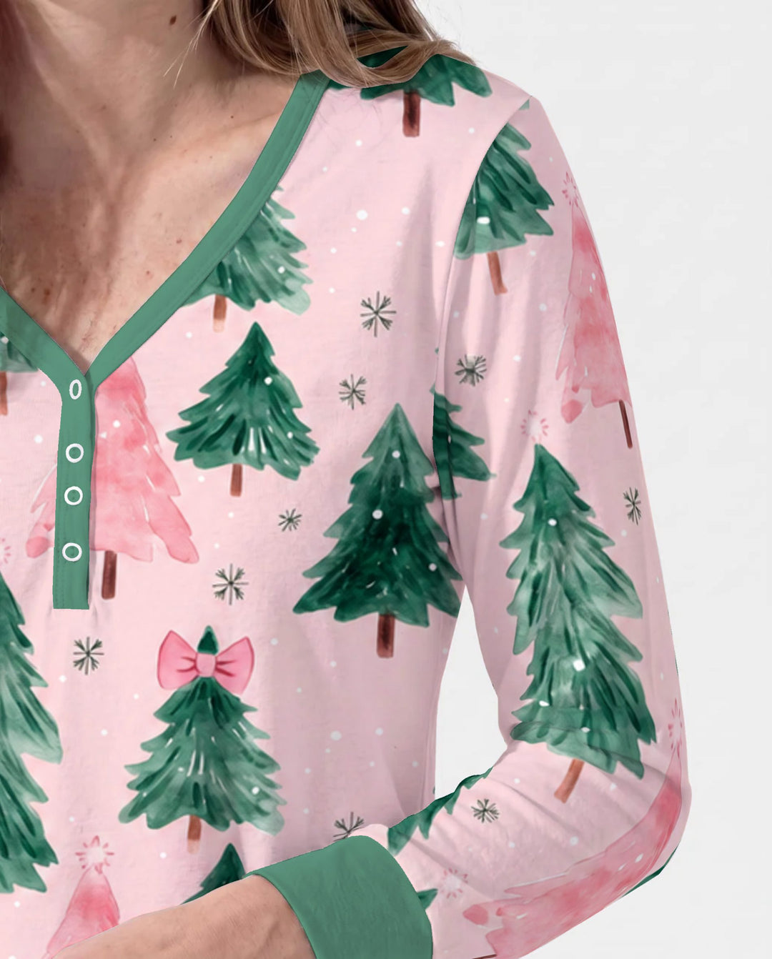 Watercolor Pink Bow Christmas Trees Bamboo Women Pajama Set