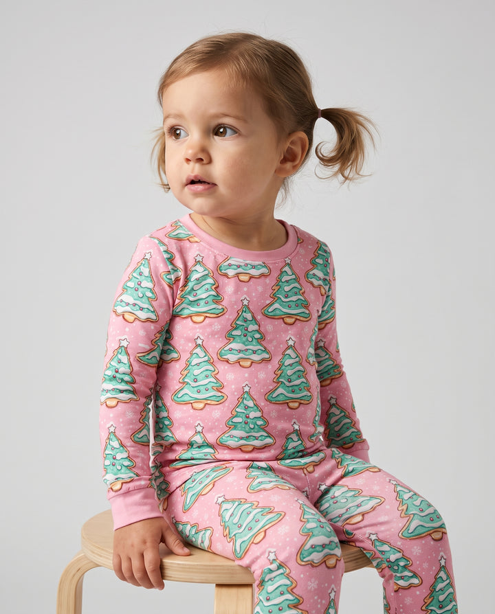 Pastel Gingerbread Christmas Tree Cookies Bamboo Two Piece Long Sleeve Pajama Set