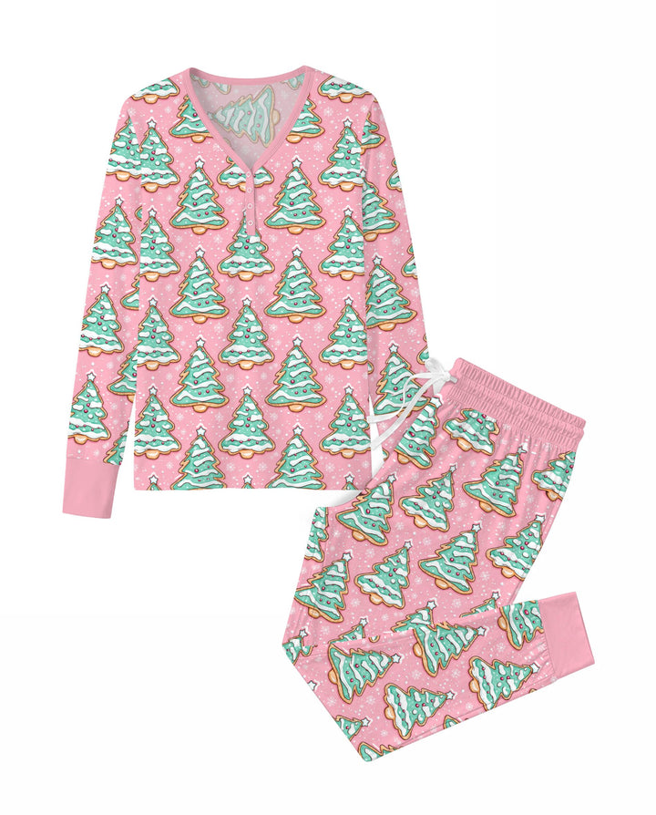 Pastel Gingerbread Christmas Tree Cookies Bamboo Women Pajama Set