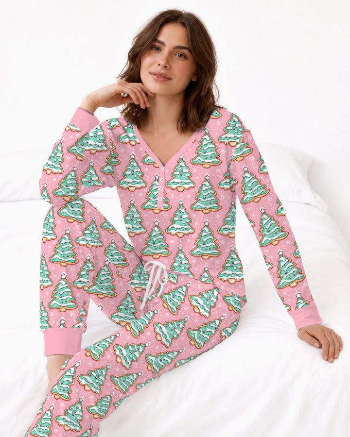 Pastel Gingerbread Christmas Tree Cookies Bamboo Women Pajama Set