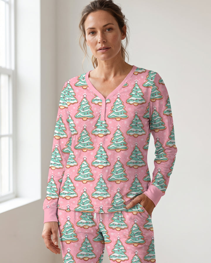 Pastel Gingerbread Christmas Tree Cookies Bamboo Women Pajama Set