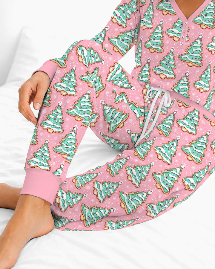 Pastel Gingerbread Christmas Tree Cookies Bamboo Women Pajama Set