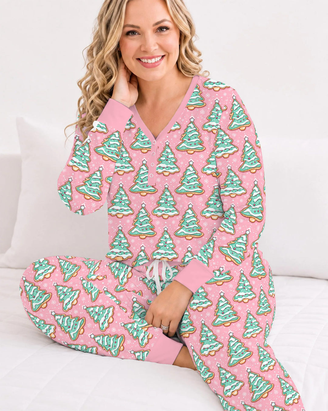 Pastel Gingerbread Christmas Tree Cookies Bamboo Women Pajama Set