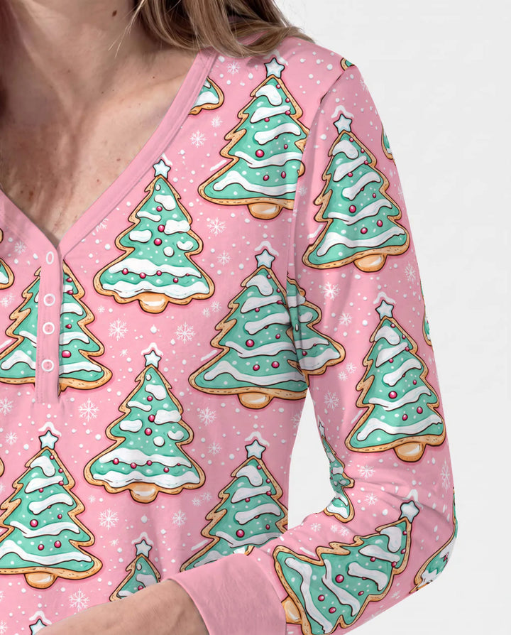 Pastel Gingerbread Christmas Tree Cookies Bamboo Women Pajama Set