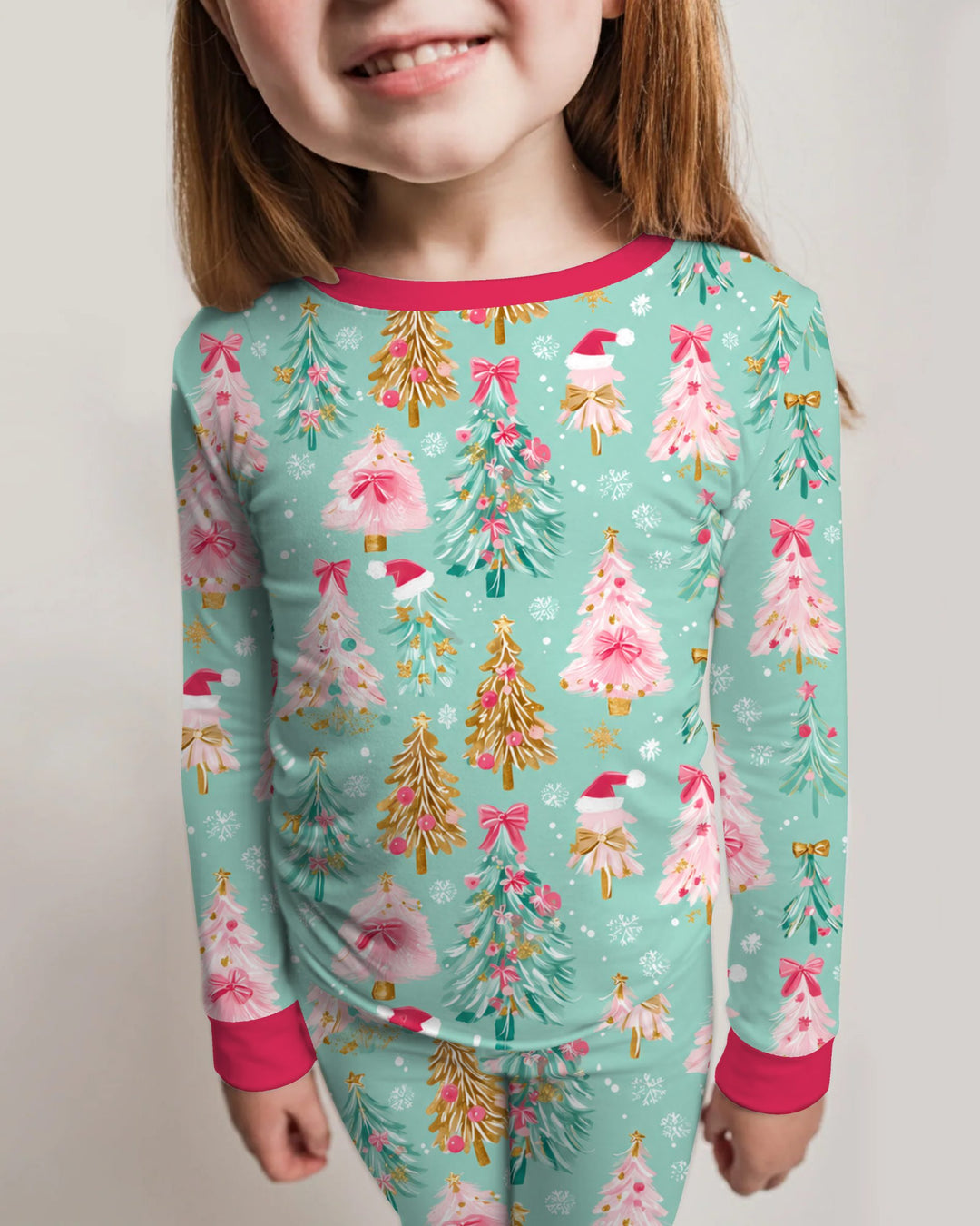 Pastel Pink Christmas Tree Wonderland Bamboo Two Piece Long Sleeve Pajama Set