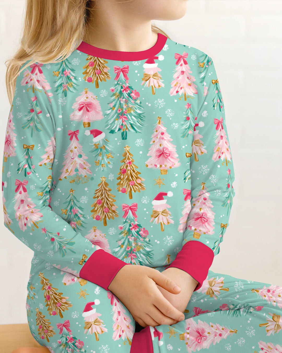Pastel Pink Christmas Tree Wonderland Bamboo Two Piece Long Sleeve Pajama Set