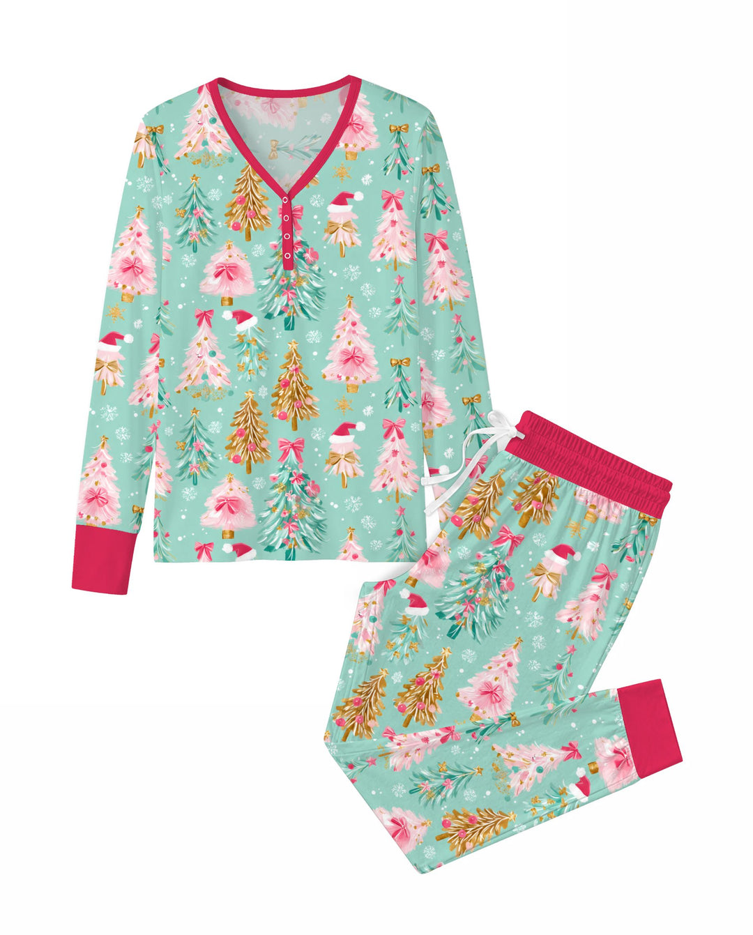 Pastel Pink Christmas Tree Wonderland Bamboo Women Pajama Set