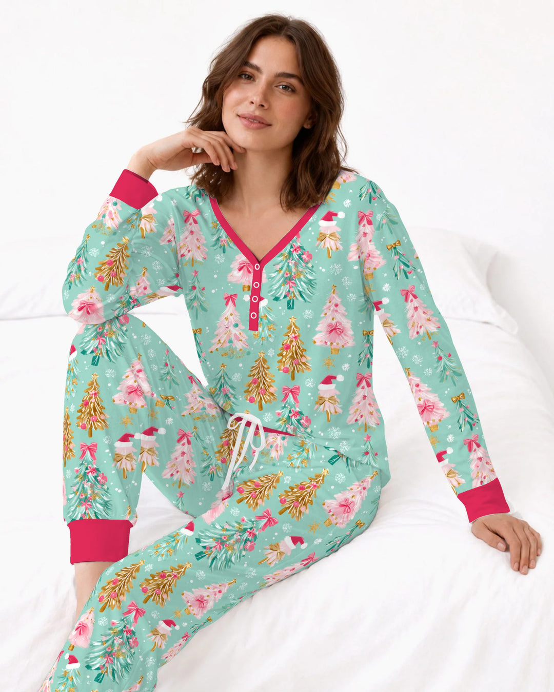 Pastel Pink Christmas Tree Wonderland Bamboo Women Pajama Set