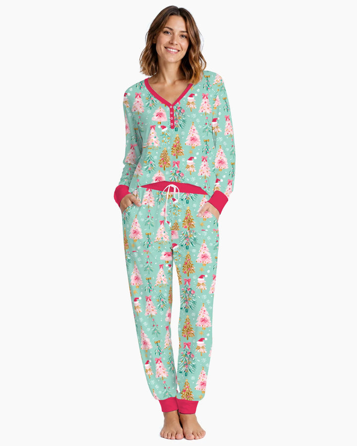 Pastel Pink Christmas Tree Wonderland Bamboo Women Pajama Set